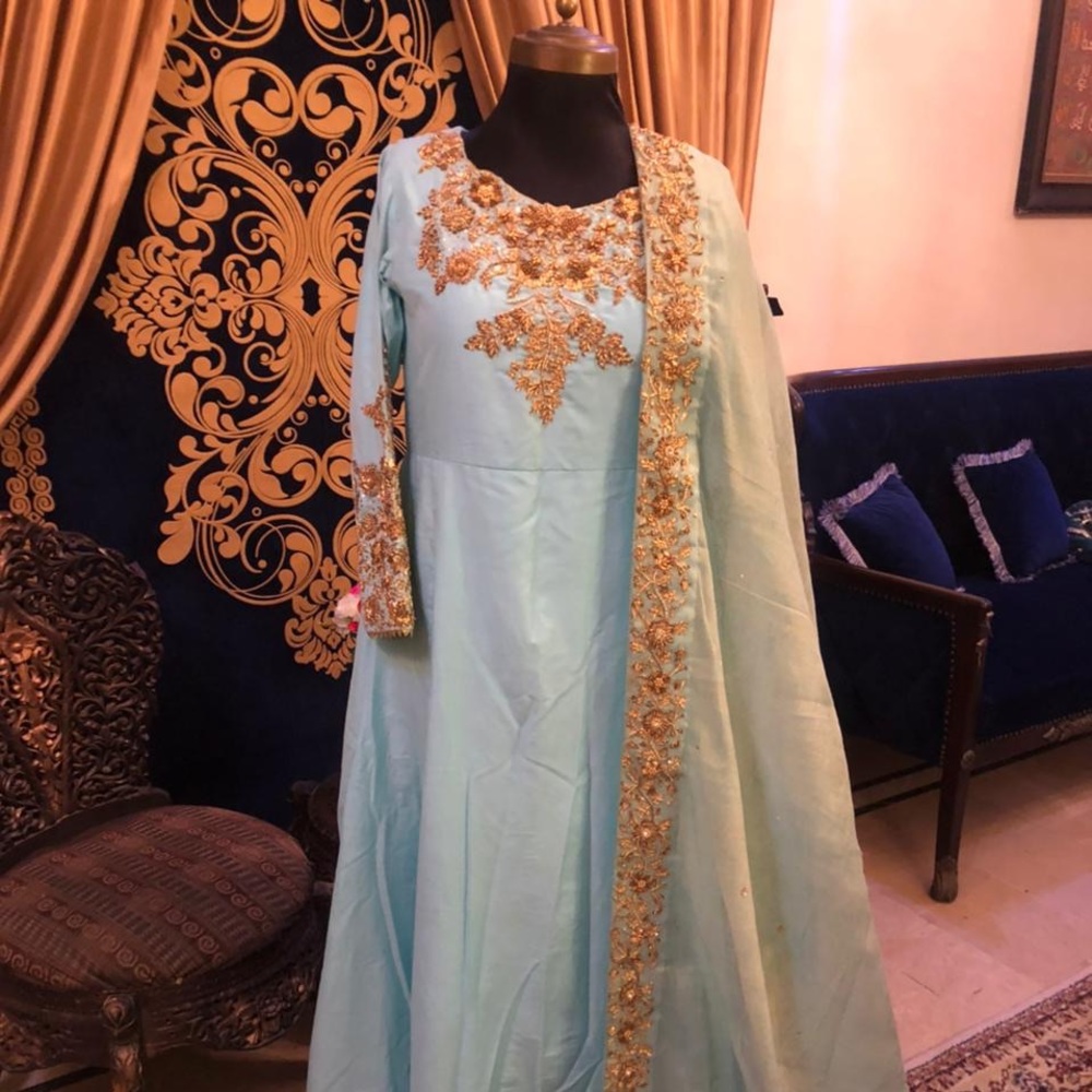 Pakistani Designer Maxi Raw Silk Handwork Formal Blue Gold Medium Faiza Saqlain